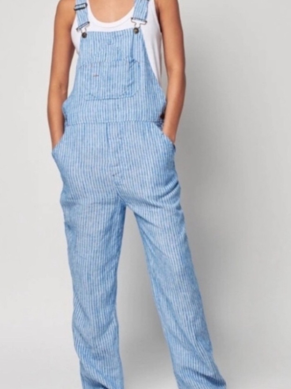 Faherty Light Blue & White Striped Linen Utility Overalls